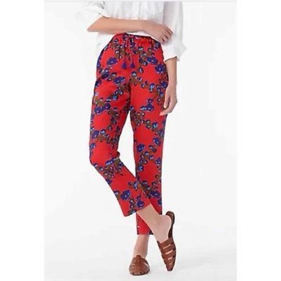 NWT J. Crew Collection SZ 4 Small Drapey Straight Leg Luxury Red Pants Floral - Picture 1 of 9